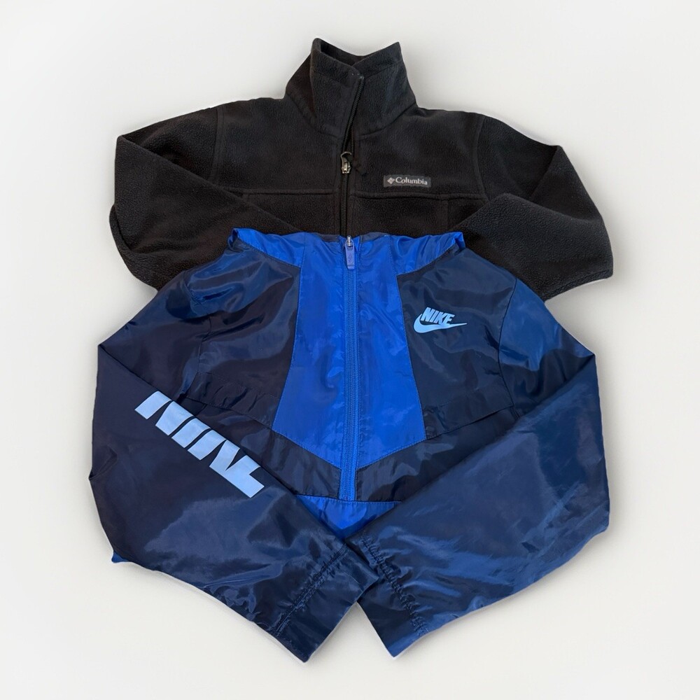 Nike Boys XS Blue Hooded Windbreaker & Columbia Black Fleece Jacket Zip